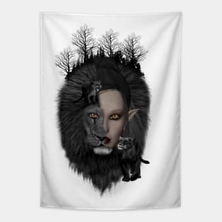 Wonderful dark lion with a half women face Tapestry