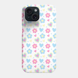 Retro Flowers and Hearts Pattern in Pink, Yellow, Light Blue Phone Case