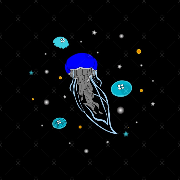 Blue Jelly Fish in dark ocean artwork, lights of jelly fish by WorldOfMine