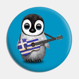 Baby Penguin Playing Greek Flag Guitar Pin