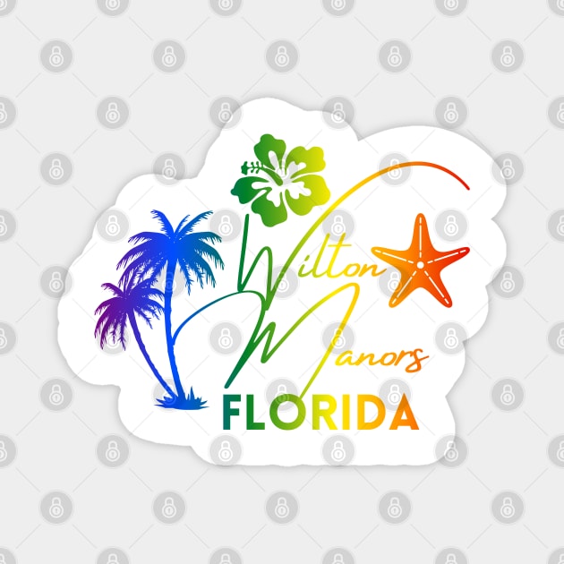 Rainbow Wilton Manors Florida Design with Tropical Palm Hibiscus and Starfish Magnet by WarFX Designs