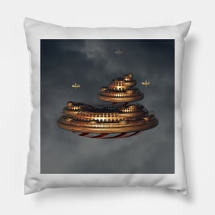 Gold and Red Fractal Floating City Pillow