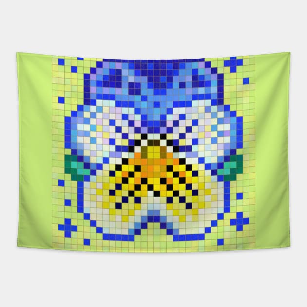 Celestial Blue And Yellow Pansy Pixel Art Tapestry by CozyPixelFluff