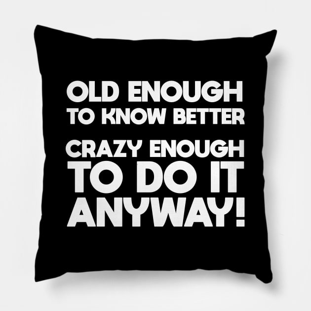 Funny Saying - Old Enough To Know Better Crazy Enough To Do It Anyway Pillow by Kudostees