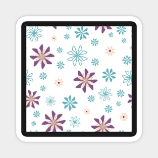 Geometric flowers in teal and purple on white background Magnet