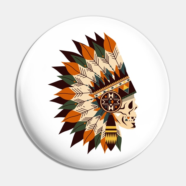 Indian Feather Headdress Tribal Skull Pin by PsychoDynamics