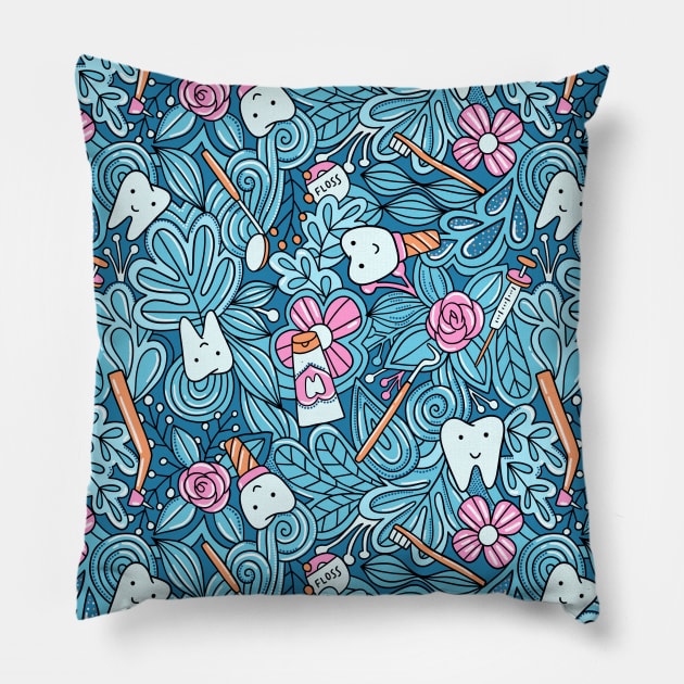 Cute teeth and doodles Pillow by kostolom3000