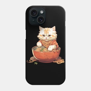 Cat Noodle Delight T-Shirt: Orange & White Cartoon Kitty Eating Animated Noodles Phone Case