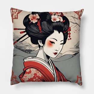 japanese style art geisha kimono portrait Pillow