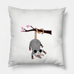 Weird and Funny Opossum Design that Says Hang in There, Possum Hanging From Tree, Retro Humor, Anxiety Possum Unique Pillow