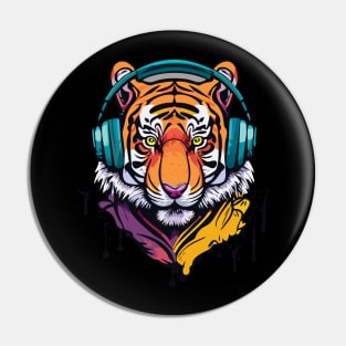 t-shirt design, colorful tiger with headphones on, graffiti art Pin