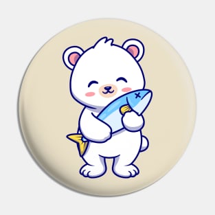 Cute Polar Bear Holding Fish Cartoon Pin