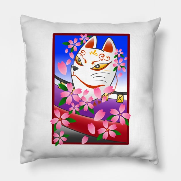 Japanese Hanafuda Sakura White Fox Mask Japan Art Logo Tattoo Samurai Kimono Pillow by Marinaaa010