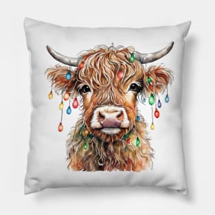 Baby Highland Cow With Christmas Lights Pillow