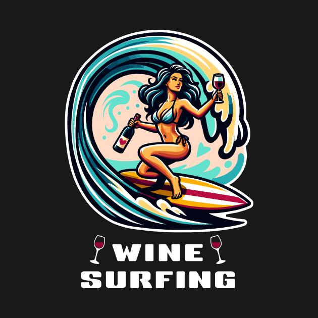 Wine Surfing funny t-shirt surfer woman in gorgeous bikini rides an ocean wave holding a wine bottle and a glass of wine by Cat In Orbit ®