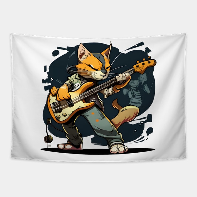 Funny Rock Cat Playing Guitar - Love Cats Tapestry by Felix Rivera