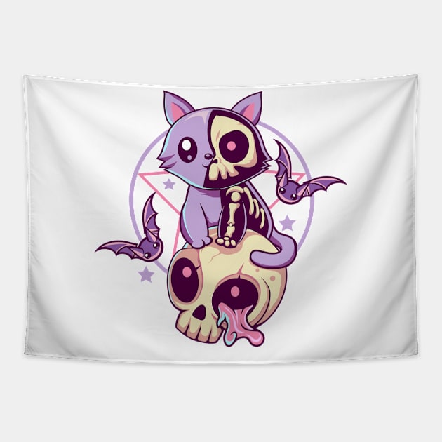 Skull Cat Kawaii Gothic Tapestry by DionArts