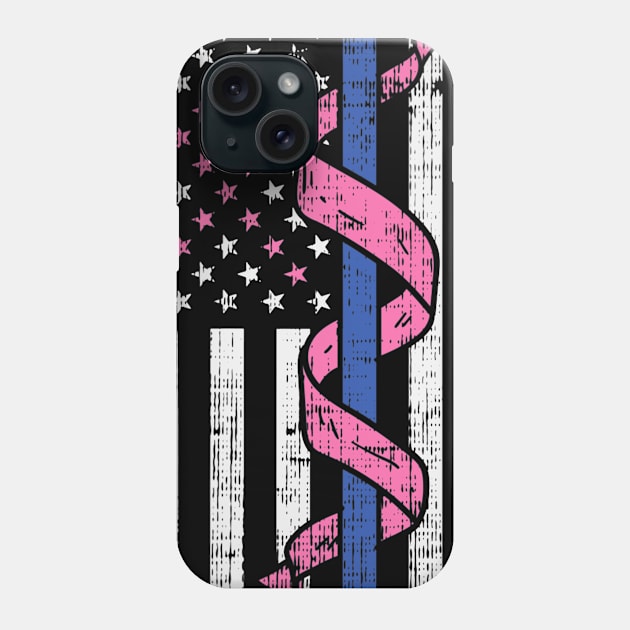 Womens Blue Line Police US Flag Pink Ribbon Breast Cancer Awareness Phone Case by Fowlerbg