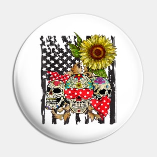 Sugar Skull American Flag Sunflower Floral Pin