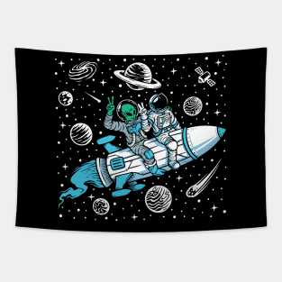 Funny Astronaut and Alien Riding a Rocket // Funny Outer Space Tapestry