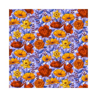 Rich Summer Flowers on Blue T-Shirt