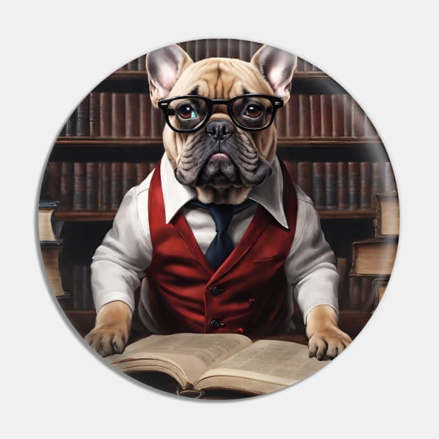 Chic French Bulldog: Hyperreal Red-Suit in Whimsical Library Pin by BencDesignStudio