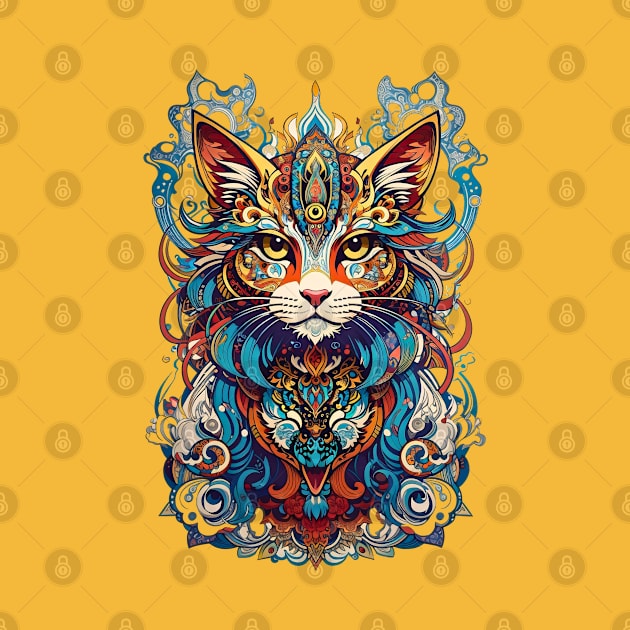 Tribal Art Cat retro vintage aesthetic design by Neon City Bazaar