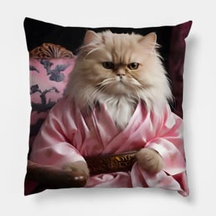 Persian Cat in Luxurious Pink Robe Pillow