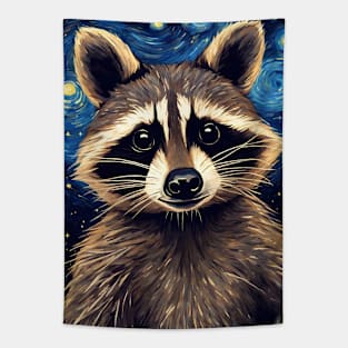 Cute Raccoon Animal Portrait Painting in a Van Gogh Starry Night Art Style Tapestry