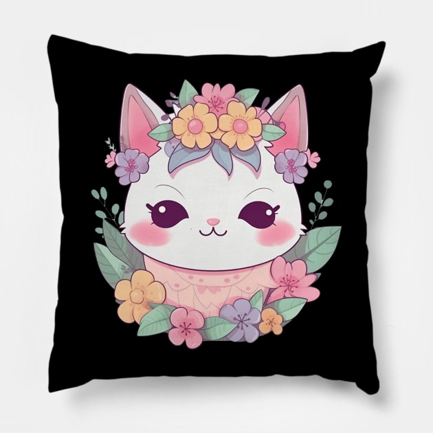 Cat cute kawaii with a flower crown Pillow by WAADESIGN