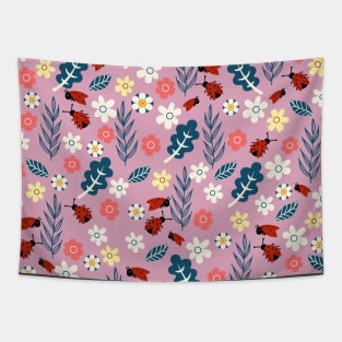 Spring meadow in bloom with ladybirds on dark pink background Tapestry