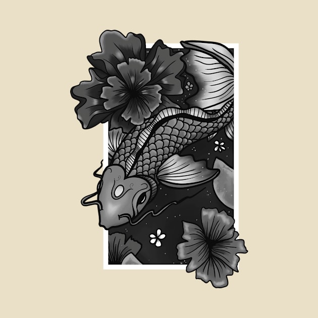 Koi Fish Gliding Through Water and Flowers - Grey Edition by TrisBrick