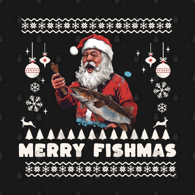 Merry Fishmas Santa Fishing Ugly Christmas Sweater by VisionDesigner