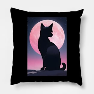 Black cat in pink moon Pillow