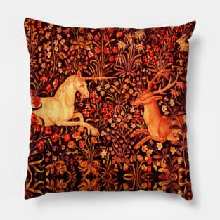 UNICORN AND DEER AMONG RED FLOWERS, FOREST ANIMALS FLEMISH FLORAL Pillow