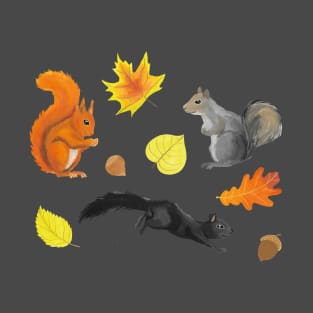 Cute squirrels in a forest pattern: red, black, and gray on a green background T-Shirt