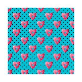 Pink plaid watercolor heart shaped donuts with polka dots on blue background T-Shirt