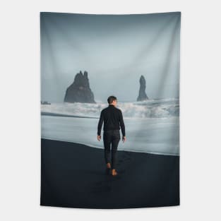 Man on the Black Sand Beach Tapestry