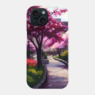 Sakura Serenade Tokyo Cherry Blossoms, Impressionist Landscape, Brick Path Park, Red Flowers, Oil Style Print Phone Case