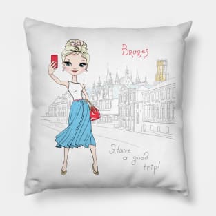 Cute girl makes selfie in Bruges Pillow