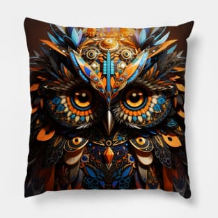 Robotic Owl With Colorful Feathers Pillow