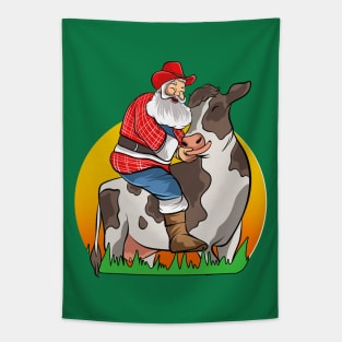 Farmer Santa Farming Farm Cow Merry Christmas Tapestry