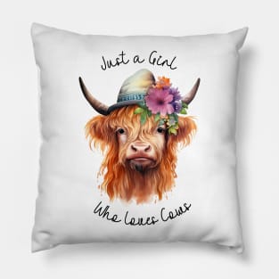 Just a Girl Who Loves Cows Highland Cow Watercolor Art Pillow