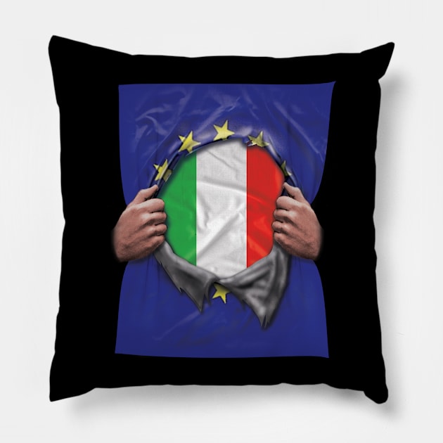 Italy Flag European Union Flag Ripped Open - Gift for Italian From Italy Pillow by Country Flags