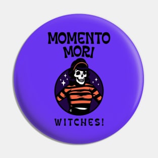 “Momento Mori, Witches!” Retro Halloween Skeleton Woman Pin