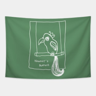 nobody is perfect  parrot on a swing white linedrawing Tapestry