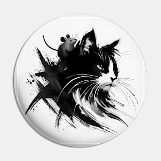 Sumie Japanese Brushstroke Cat And Mouse Portrait Pin