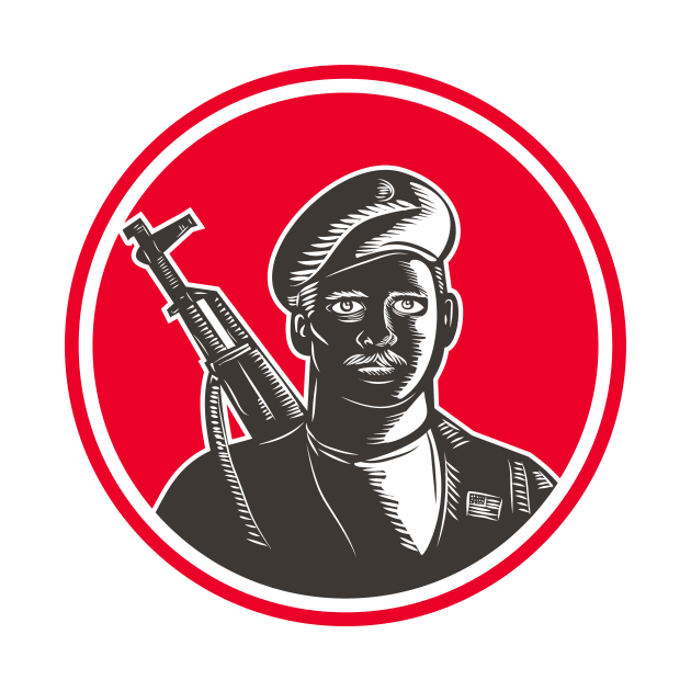 Paramilitary Wearing Beret Rifle Woodcut by retrovectors