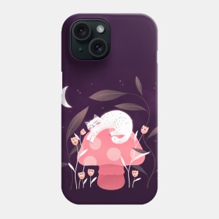 Cute white cat, mushroom and curious flowers, version 4 Phone Case