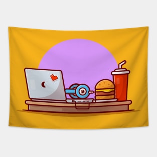 Laptop, Pizza And Headphones Cartoon Vector Icon Illustration Tapestry